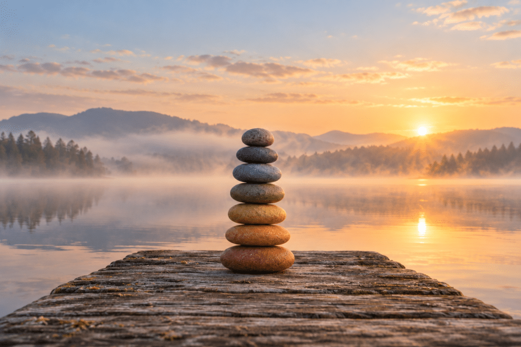 Seven coloured stones stacked on a wooden jetty, with a misty lake and hills at sunrise behind