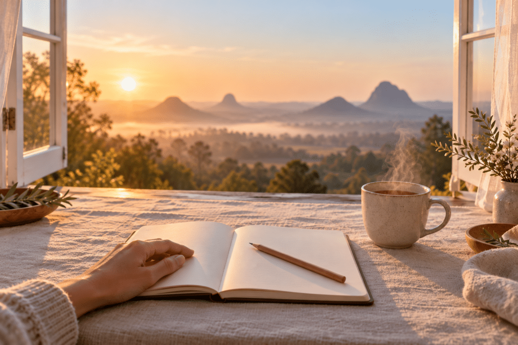 A hand resting on an open notebook with a pencil, beside a steaming cup of tea, at an open window looking out to misty mountains at sunrise