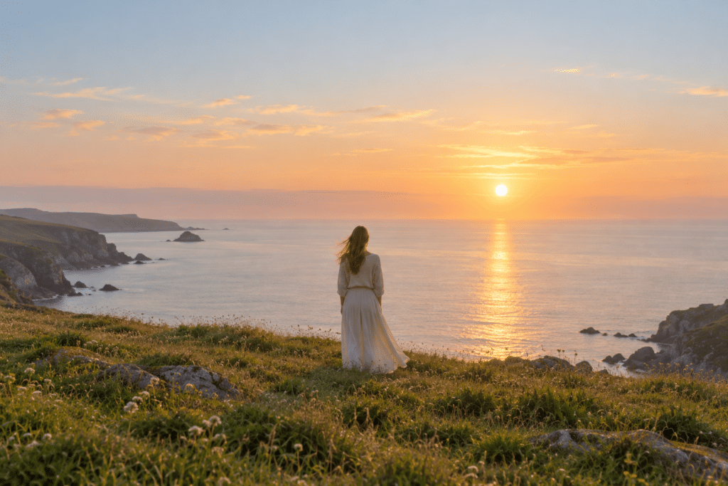 A woman in a long cream dress standing on a grassy headland, looking out over the ocean at sunrise