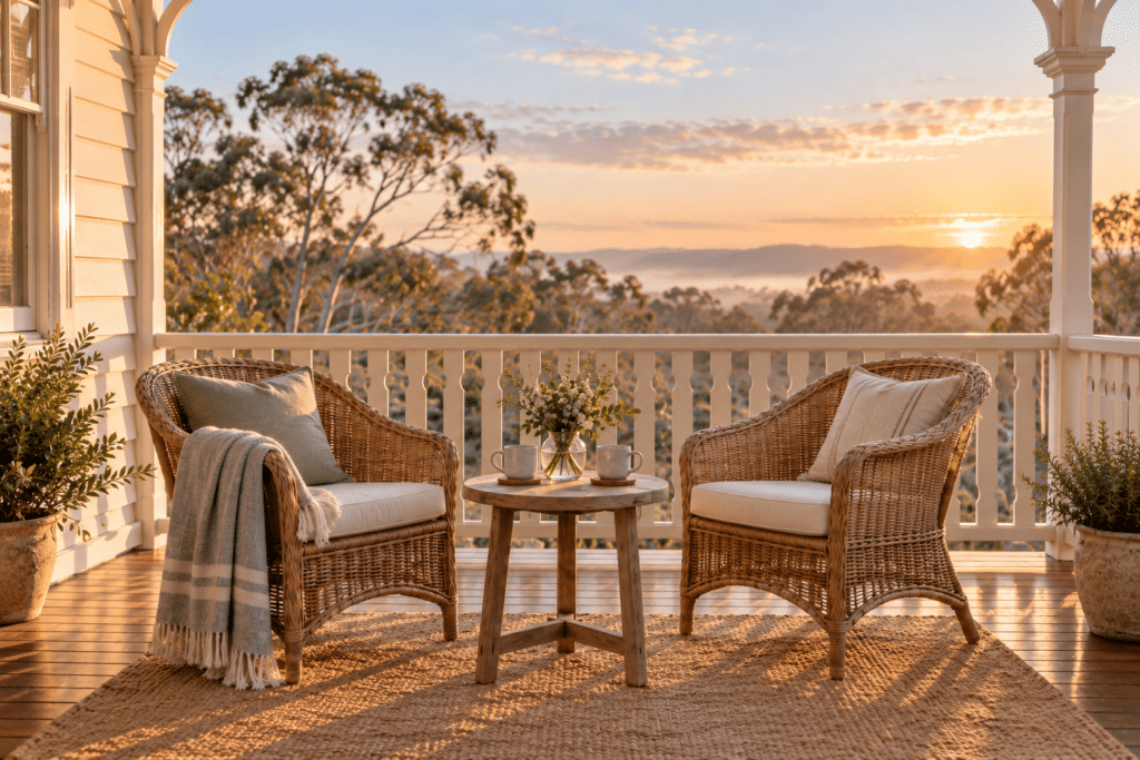 Two cane chairs either side of a small wooden table with two mugs and a vase of flowers, on a verandah overlooking gum trees at sunrise