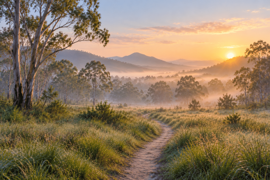 A narrow dirt path winding through dewy grass and gum trees towards misty hills at sunrise