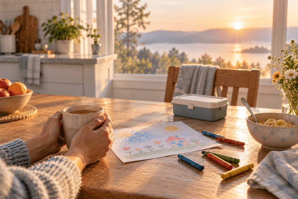 Hands wrapped around a cup of tea at a kitchen table, with a child's crayon drawing, crayons, a lunchbox and a bowl of cereal in the morning sun