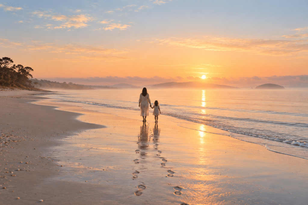 A woman and a young girl walking hand in hand along the water's edge at sunrise, leaving footprints in the sand