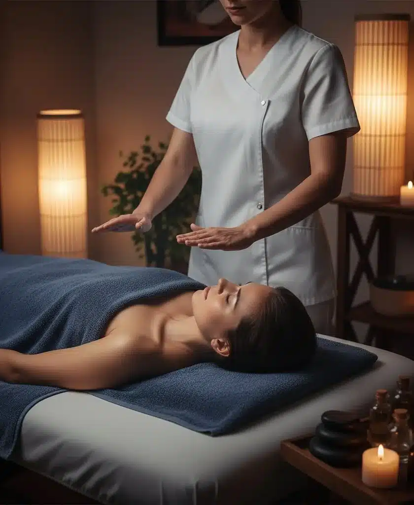 A client lying relaxed on a massage table under a soft blue blanket during a session